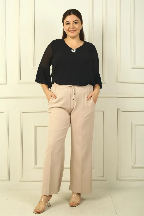 Kadın Beli Lastikli Yandan Cepli Viskon Palazzo Büyük Beden Pantolon