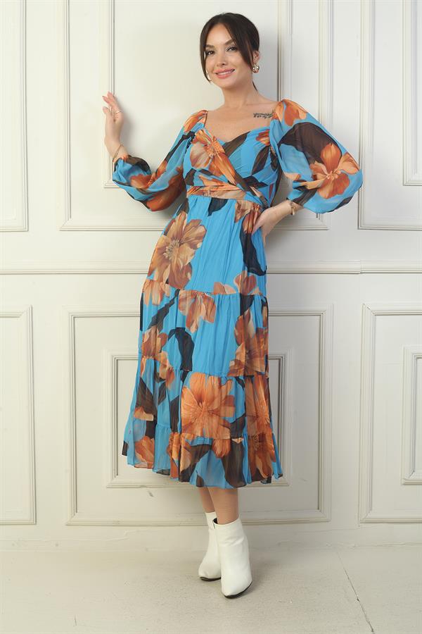 Madonna Neckline Lined Cross-Tie Floral Wrap Chiffon Dress
