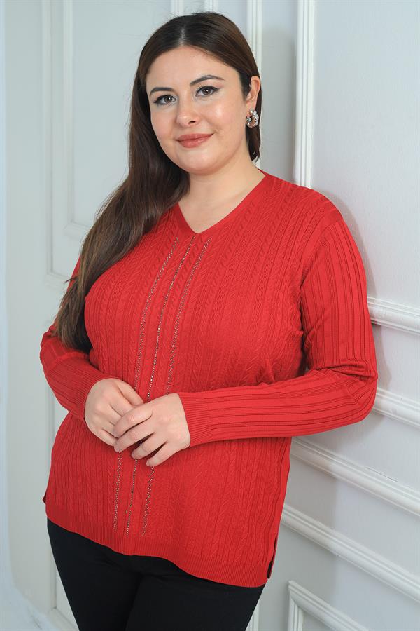 Chemisier grande taille à rayures et imprimé pierre sur le devant, col en V, en maille côtelée à fil froid.