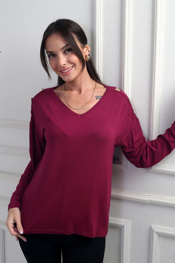 Blouse en lycra à col en V et boutons sur les épaules pour femme, couleur fraise.