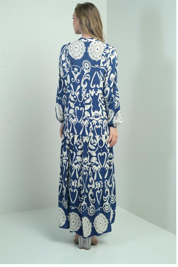 Robe longue hijab pour femme, col mandarin, boutons sur le devant, poignets élastiqués, motif châle