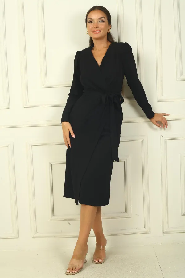 Women's Wrap-Neck Sleeveless Belted Lined Crepe Dress