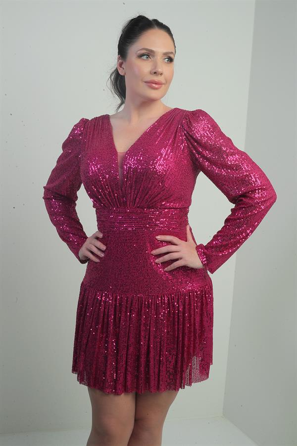 Robe à sequins grande taille pour femme, décolleté en V devant et dos, doublée, manches longues drapées, ornée de sequins.