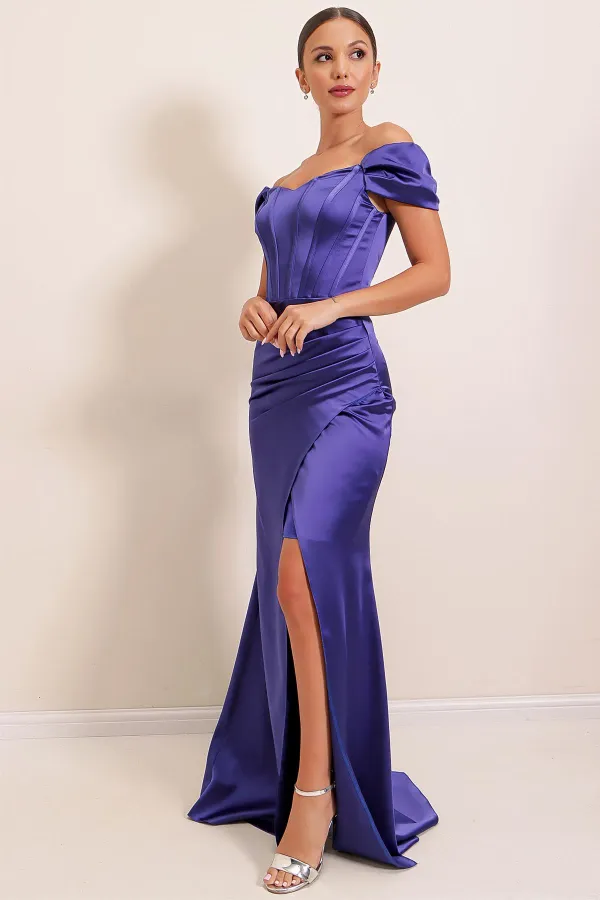 Side Pleated Underwire Lined Long Satin Dress