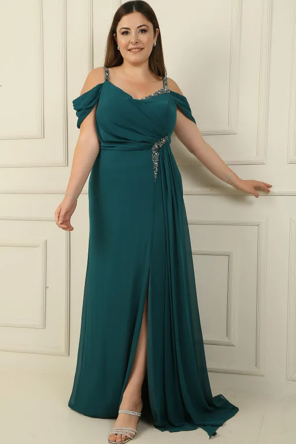 Kadın Taş Detay Askılı Düşük Kol Yanı Mendil Yırmaçlı Askılı Büyük Beden Şifon Uzun Elbise