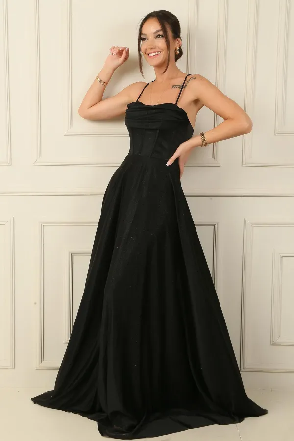 İp Askılı Balenli Üstü Drapeli Astarlı Tül Simli Uzun Abiye Elbise