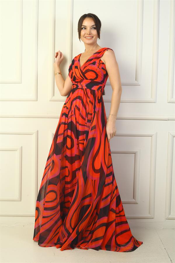 Women's Front and Back V-Neck Lined Abstract Patterned Tulle Long Dress