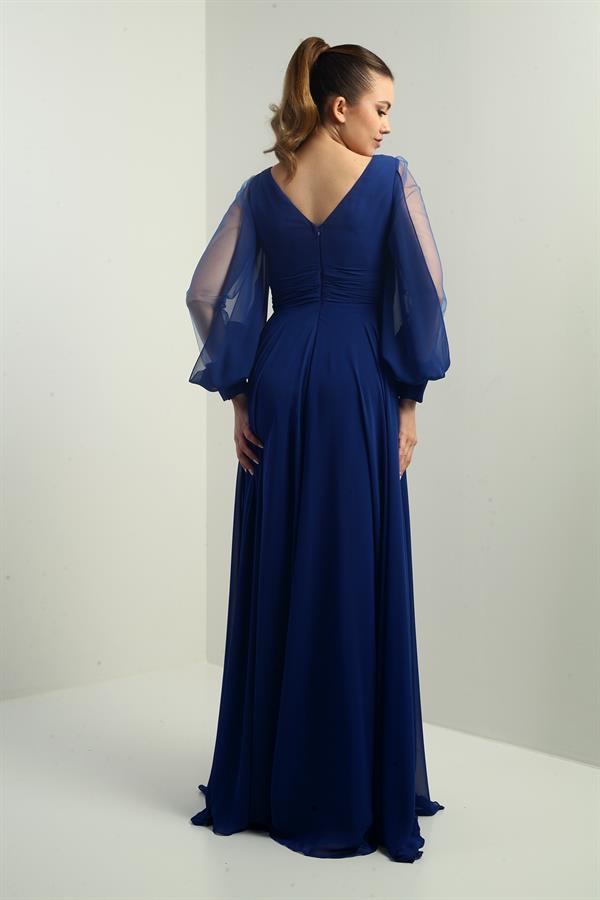 Front and back V-neck, draped front, tulle sleeves, lined, wide-length chiffon dress.