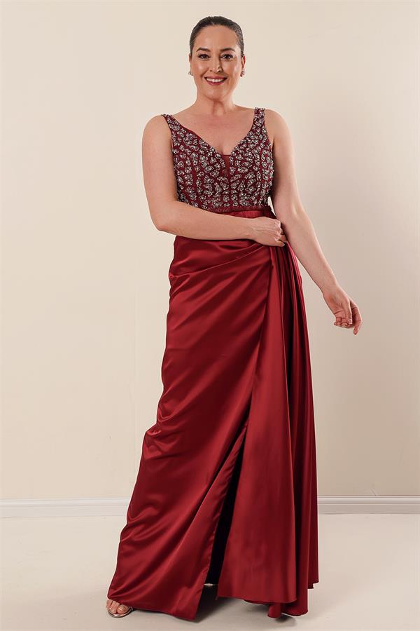 Plus Size Long Satin Dress with Tulle and Stone Embellishments and Lining
