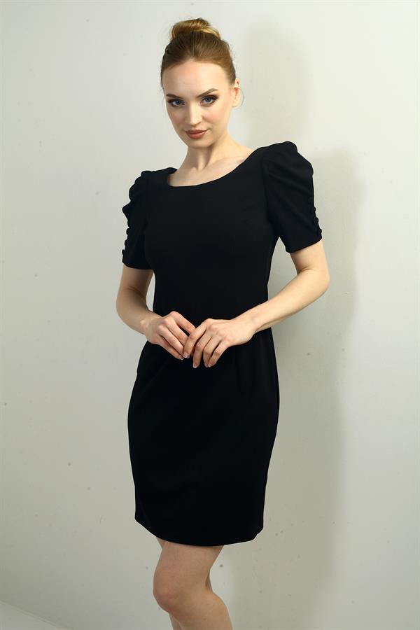 Women's Boat Neck Dress with Buttoned Sleeves, Pleated, and Zipper Back