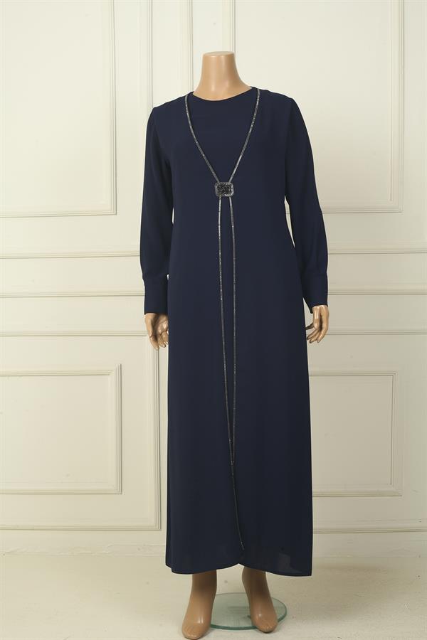 Robe longue en crêpe grande taille pour femme, avec poignets zippés, taille à boucle et ornements en pierre