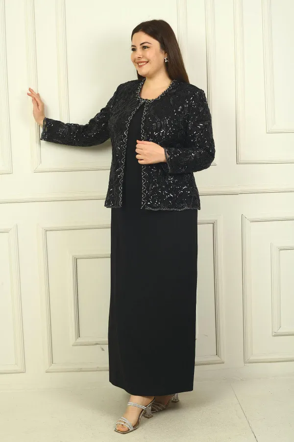 Ensemble 2 pièces pour femme, comprenant une veste en tulle ornée de sequins et de perles, une robe longue à manches demi-lune en crêpe doublée et un pantalon grande taille.