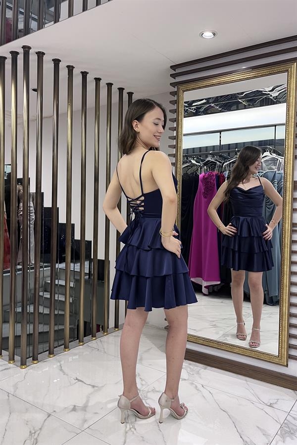 Kadın İp Askılı Arkadan Bağcıklı Eteği Kat Kat Saten Kısa Elbise