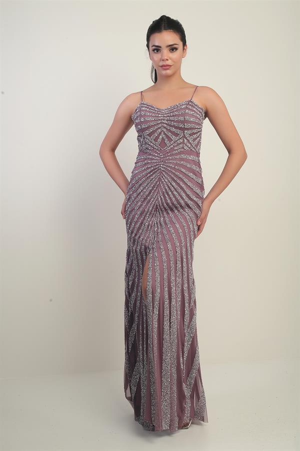 Women's Strappy Flocked Stone Print Lined Tulle Long Dress