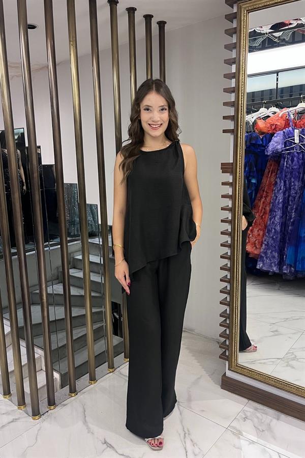 Kadın  Toka Detaylı Eteği Asimetrik Bluz Beli Lastikli Cepli Palazzo Pantolon Keten 2'li Takım