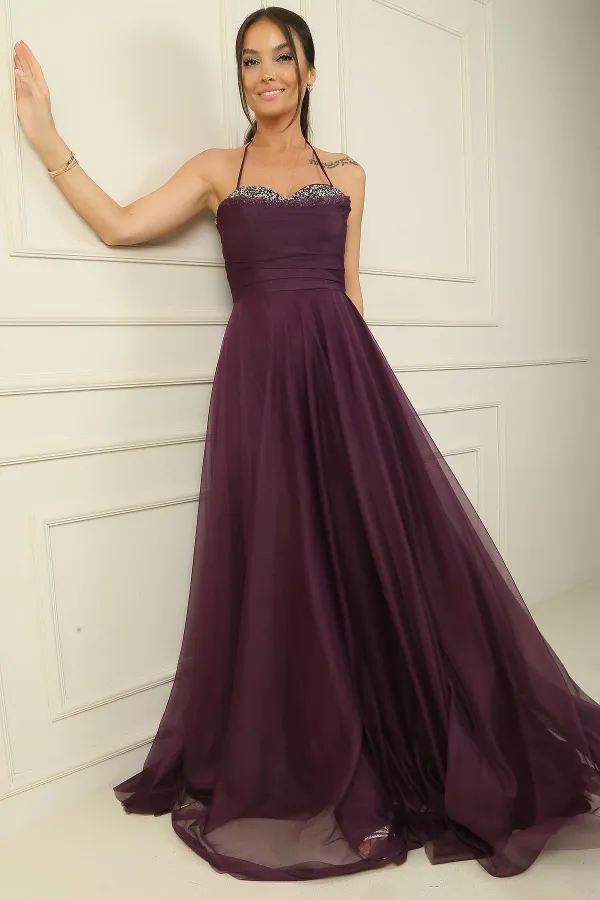 Önü Drapeli Taş Detaylı Astarlı Uzun Tül Abiye Elbise