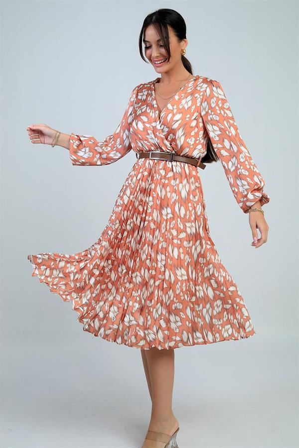 Women's Wrap Neckline Belted Lined Brush Pattern Pleated Midi Satin Dress