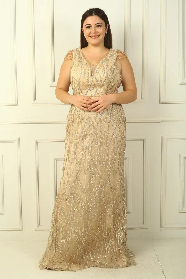 Kadın Omzu Püsküllü Astarlı Boncuk Ve Taşlı Büyük Beden Uzun Elbise