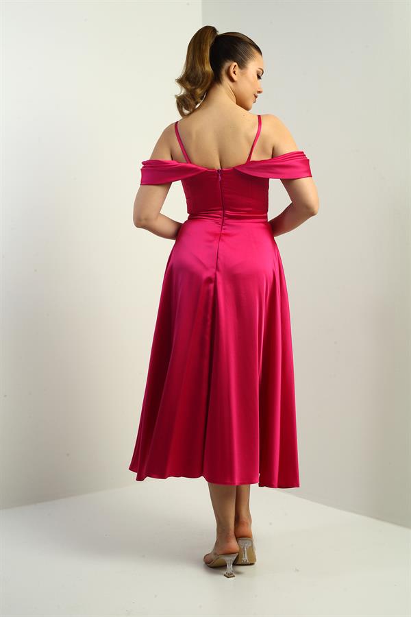 Kadın İp Askılı Düşük Kollu Astarlı Pileli Saten Kloş Uzun Elbise