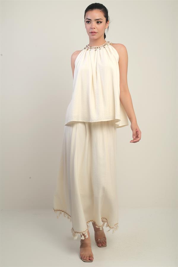 Women's Beaded Halter Neck Blouse and Elasticated Waist Lined Tassel Skirt 2-Piece Set