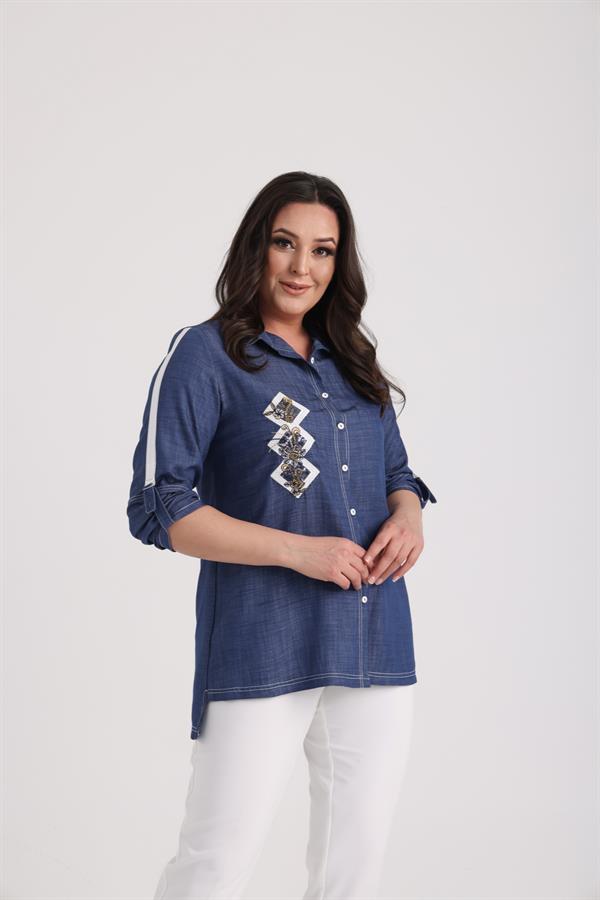 Women's Plus Size Lyocell Shirt with Embroidered Appliqué Front and D-Buckle