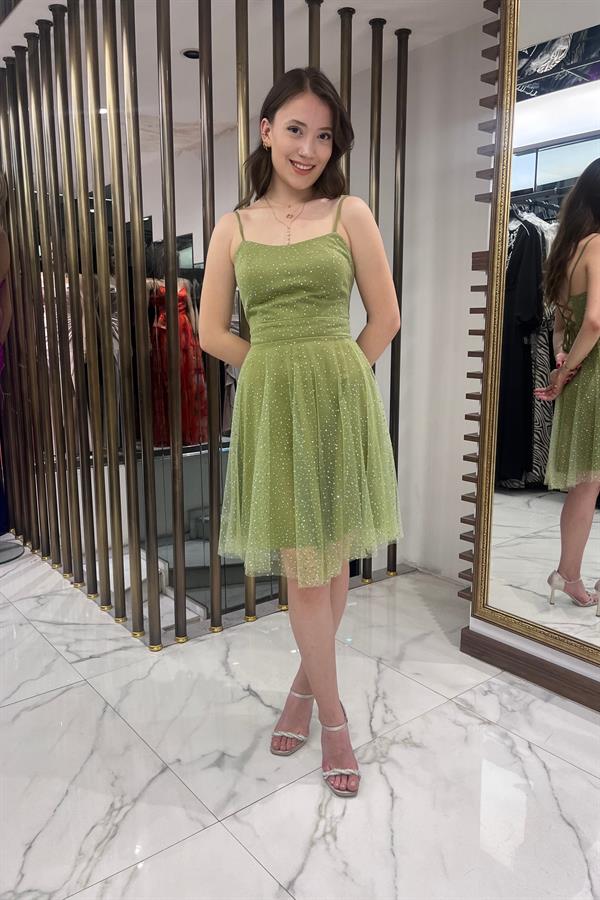 Women's Strappy Back Laced Lined Stoned Short Tulle Dress