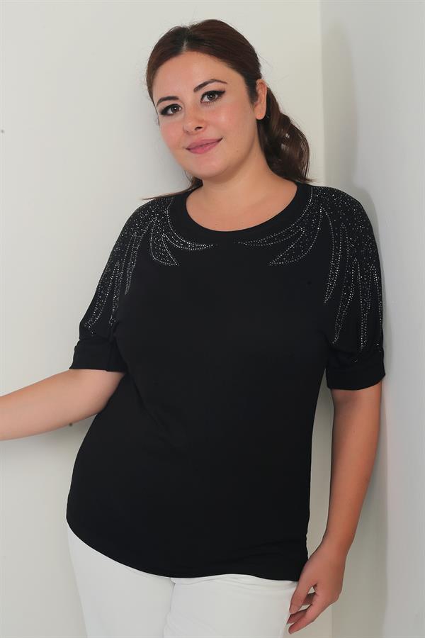 Chemisier grande taille à manches chauve-souris courtes pour femme, orné de strass aux épaules et en lycra.