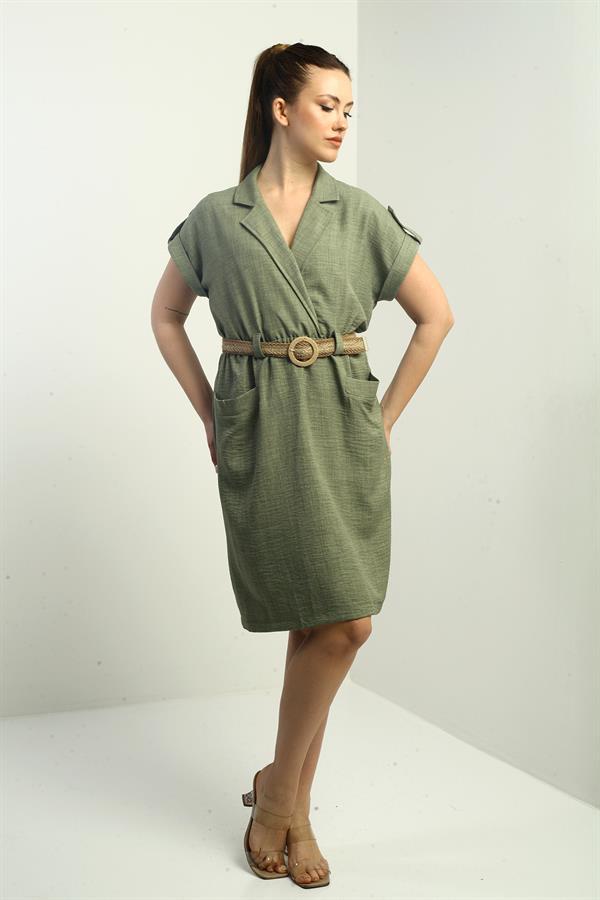 Women's Dress with Patch Pockets and Belt Waist