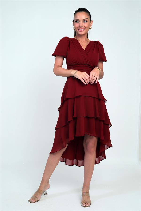 Kadın Kruvaze Yaka Arkası Fermuarlı Katkat Pileli Şifon Elbise