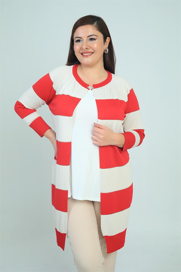 Kadın Enine Kalın Çizgili Büyük Beden Hırka