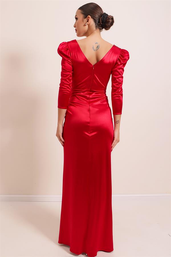 Kruvaze Yaka Yanı Büzgülü Astarlı Uzun Saten Elbise