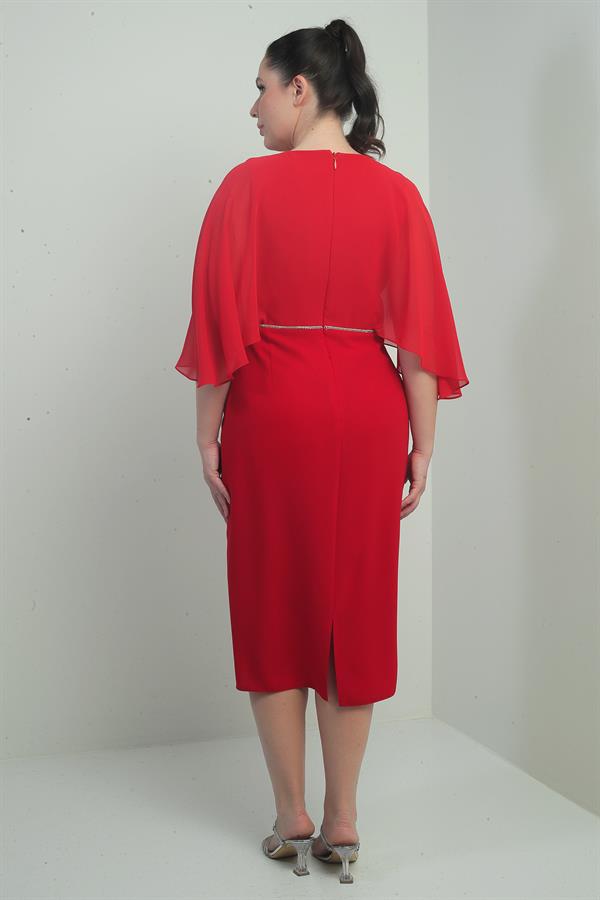 Women's V-Neck Chiffon Draped Lined Plus Size Crepe Midi Dress with Embellished Waist