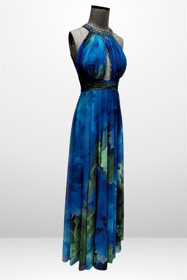 Kadın Önü Drapeli Astarlı Boncuk Detaylı Çiçekli Uzun  Şifon Elbise