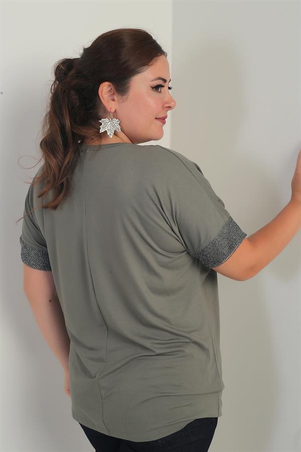 Women's Plus Size Blouse with Glitter Mesh Detail on Collar and Cuffs