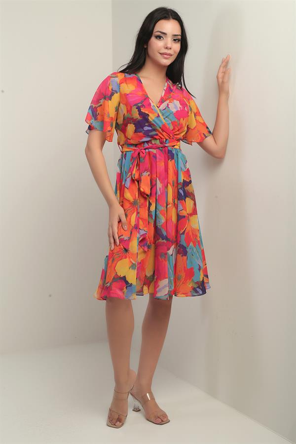 Women's Wrap Neckline Ruffled Sleeve Lined Belted Large Floral Chiffon Dress
