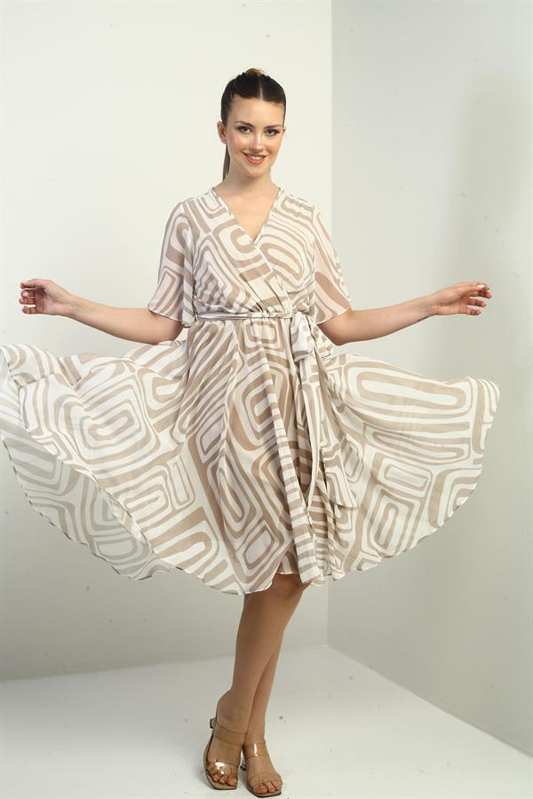 Women's Wrap Neckline Belted Lined Geometric Pattern Chiffon Dress