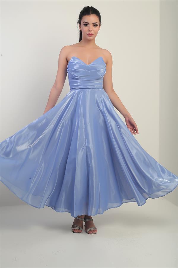 Women's V-Neck Strapless Lined Organza Satin Midi Dress