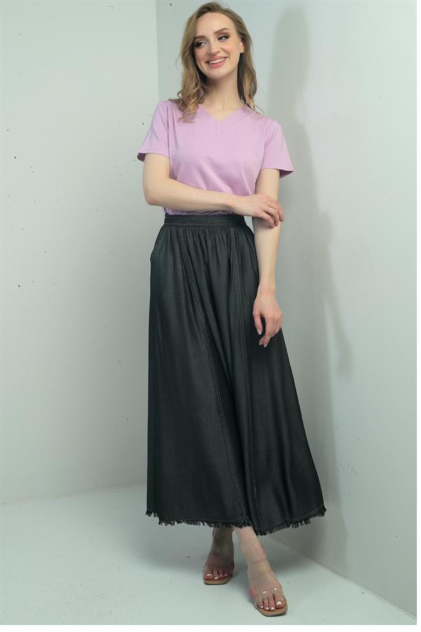 Women's Elastic Waist, Side Pockets, Fringed Hem, Slim Denim Long Skirt