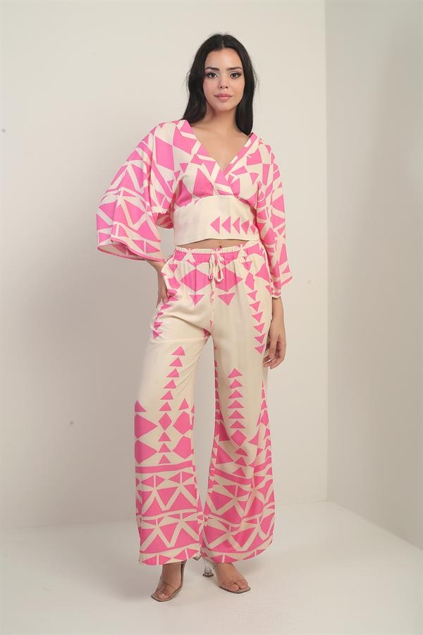 Kadın Ön Arka V Yaka Crop Bluz Beli Lastikli Cepli Palazzo Pantolon Üçgen Desen 2'li Takım