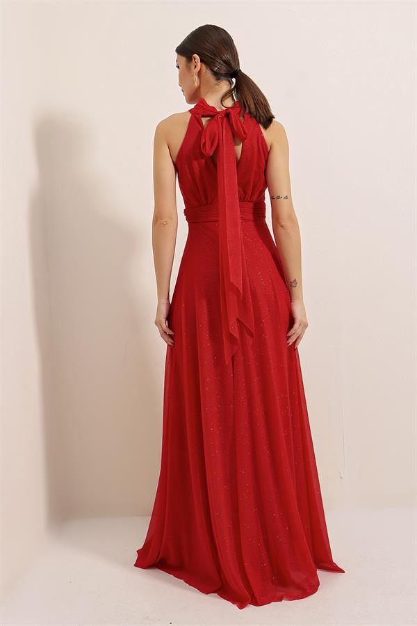 Boyundan Bağlamalı Astarlı Simli Uzun Elbise