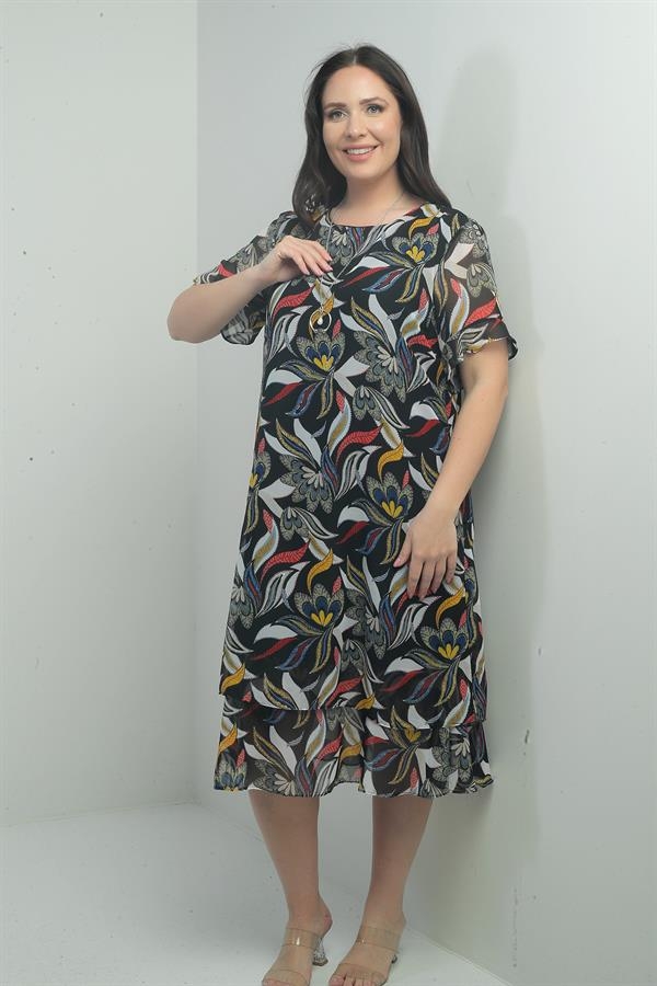 Kadın  Kolları Fırfırlı Yaprak Desenli Kolyeli Çift Katlı Büyük Beden Şifon Midi Elbise