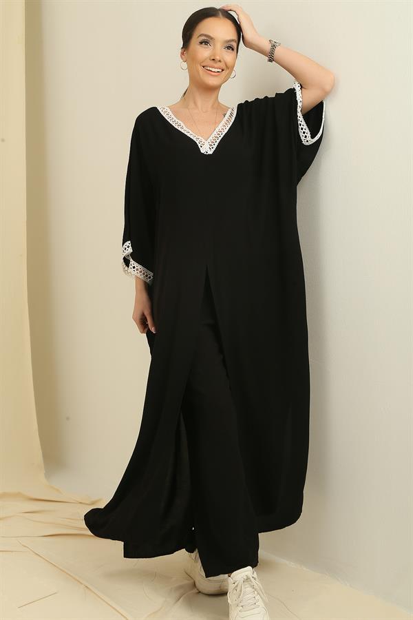 Ensemble 2 pièces oversize en viscose : tunique longue à poches ornée de dentelle et pantalon à taille élastique