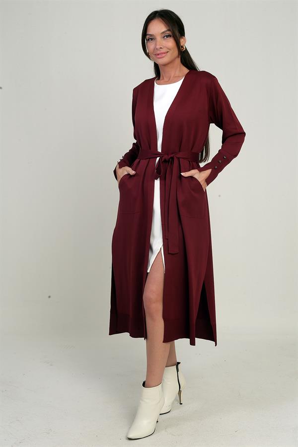 Gilet long pour femme avec manches boutonnées, poches et fentes latérales