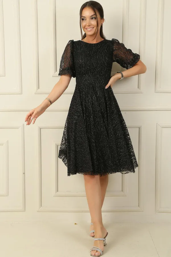 Robe de soirée courte à manches demi-ballon doublée et imprimé floqué