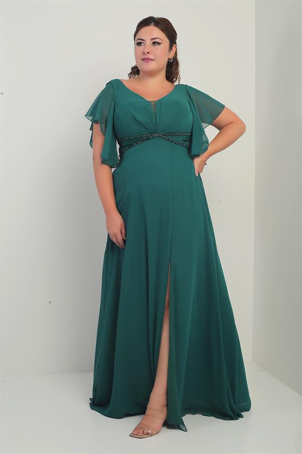 Robe en mousseline grande taille pour femme, décolleté en V devant et dos, manches à volants, ceinture doublée et poches.