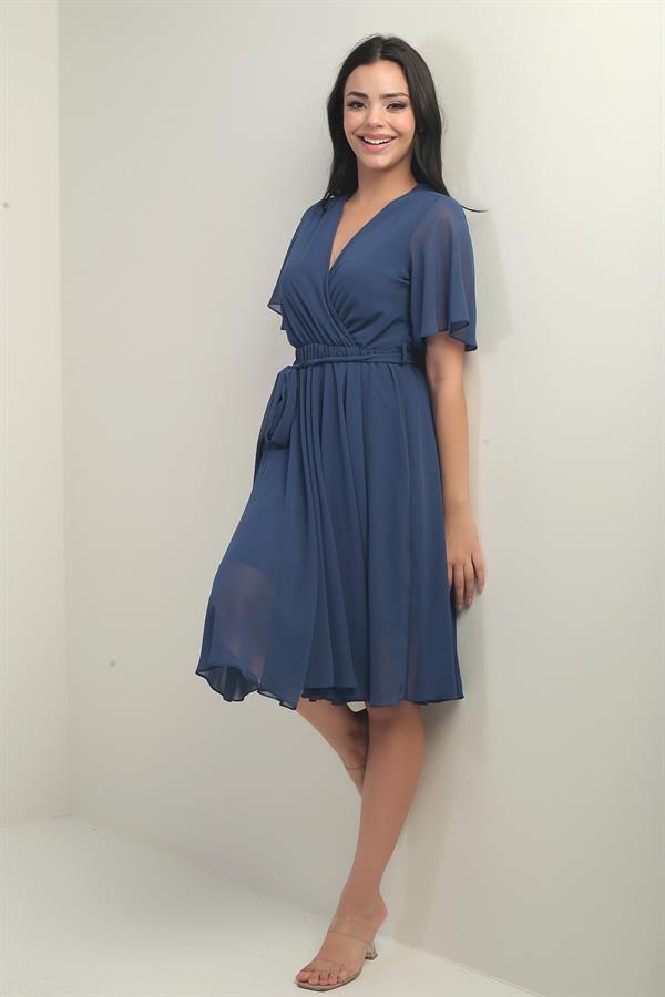 Women's Double-Breasted Flounce Sleeve Lined Chiffon Dress