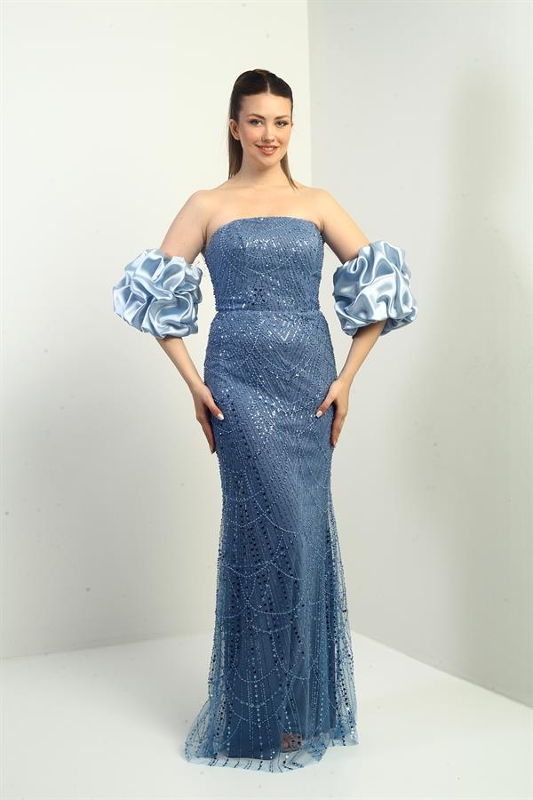 Kadın Straplez Takma Kollu Üstü Tül Pul-Boncuk İşlemeli Astarlı Uzun Abiye Elbise