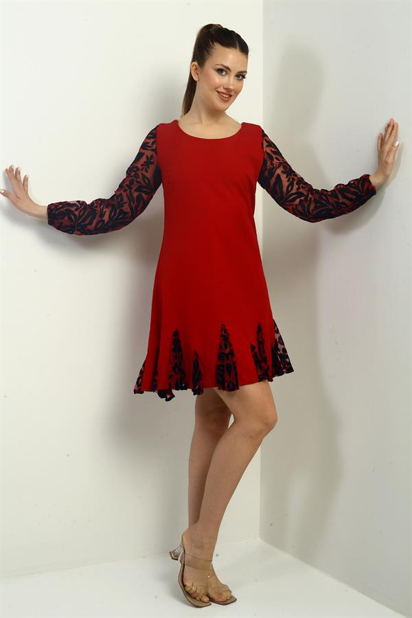 Women's Short Dress with Flocked Print on Sleeves and Hem, and Ruffled Detail.