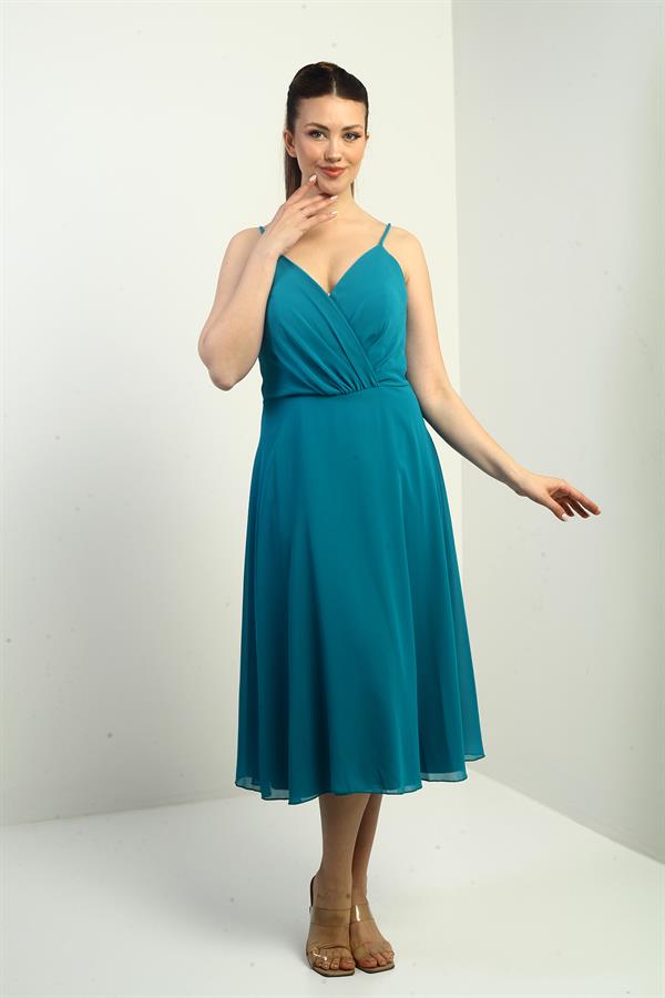 Women's Strappy Wrap Neckline Lined Lace-Up Back Flared Chiffon Dress