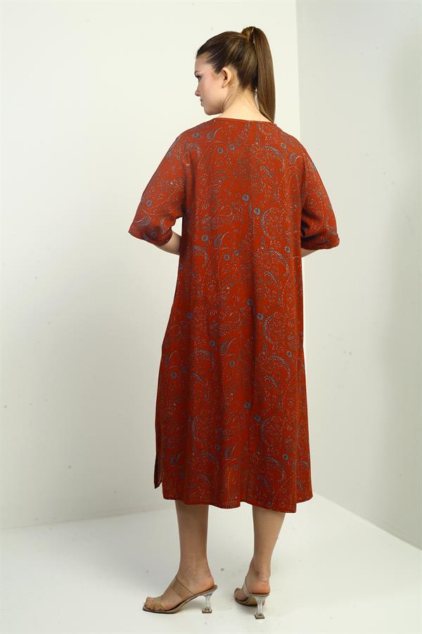 Kadın Şal Desenli Cepli Oversize Elbise